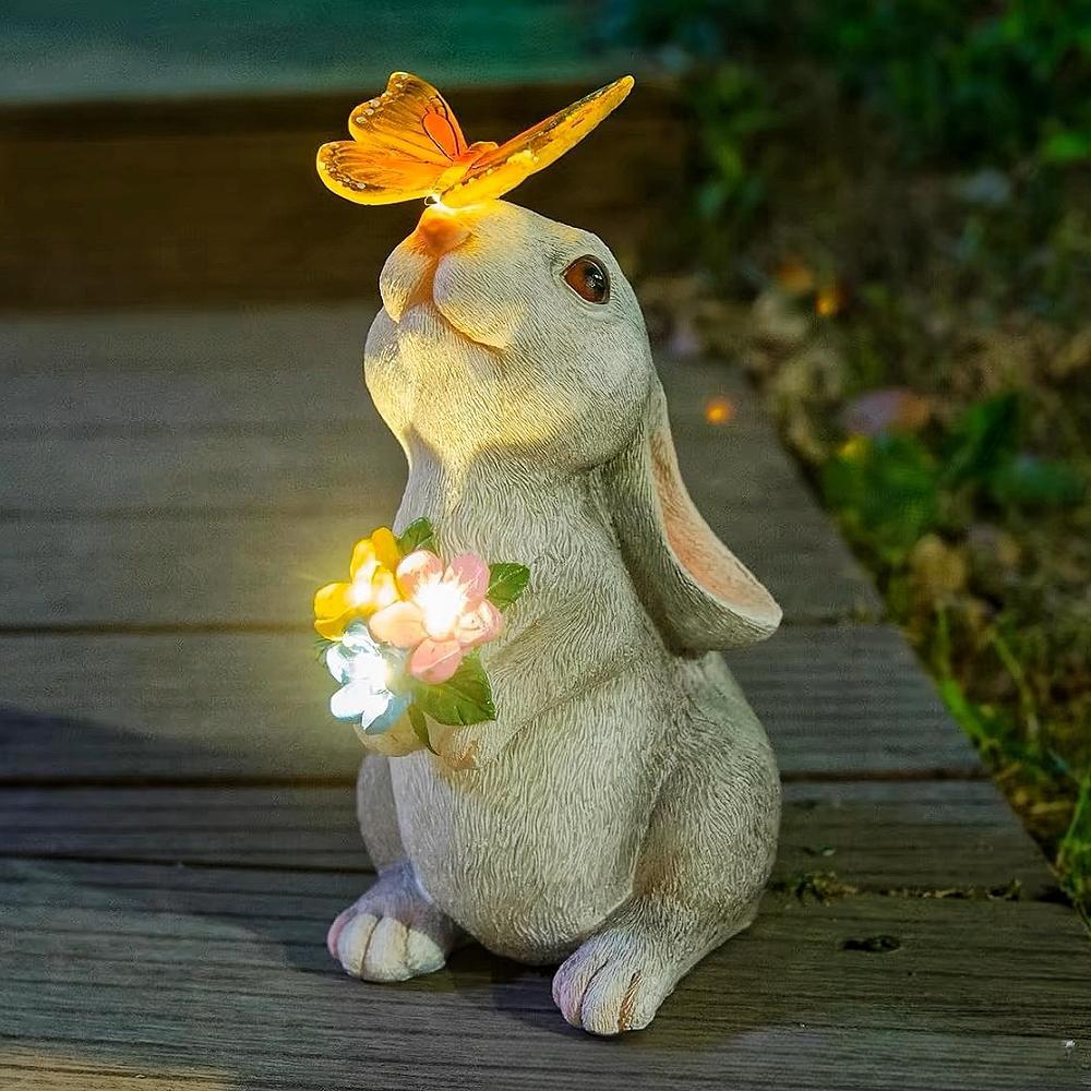 Solar Bunny Statue Garden Decor with Butterfly LED Light Resin Animal Sculpture