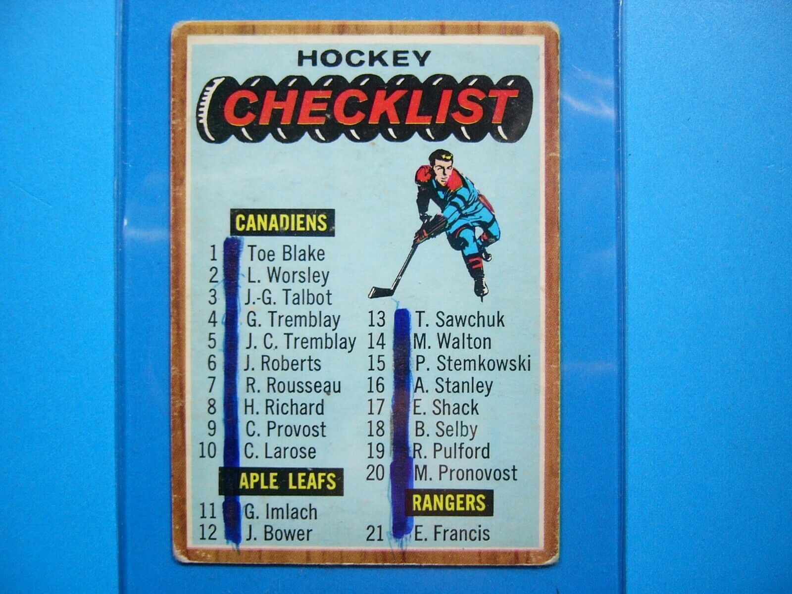 1967-68 TOPPS HOCKEY NHL #66 First Checklist marked (1-66) VG-EX