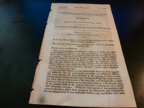 Government Report 1834 Inhabitants Pottsville PA Removal Deposits Bank Of US