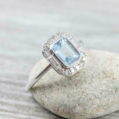 1.80 Ct Emerald Cut Real Aquamarine & Diamond Engagement Ring 14K White Gold