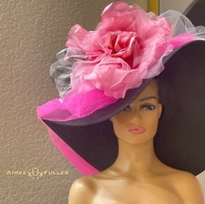Aimee Fuller Kentucky Derby Hat Black Pink Plaid Large Rose Del Mar Royal Ascot