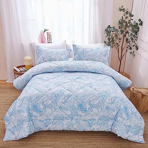 3 Piece Light Blue Paisley Comforter Set Queen Size, All Season