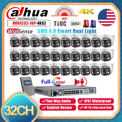 Dahua 4k 32CH 8MP 180° Panoramic IP Camera System 2-Way Audio Alarm WizSense Lot