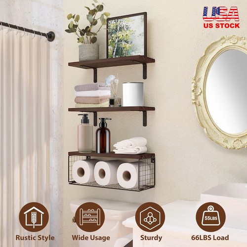 Set of 3 Wall Mounted Wood Floating Shelves Book Shelf DIY Bathroom Bedroom - Picture 13 of 15