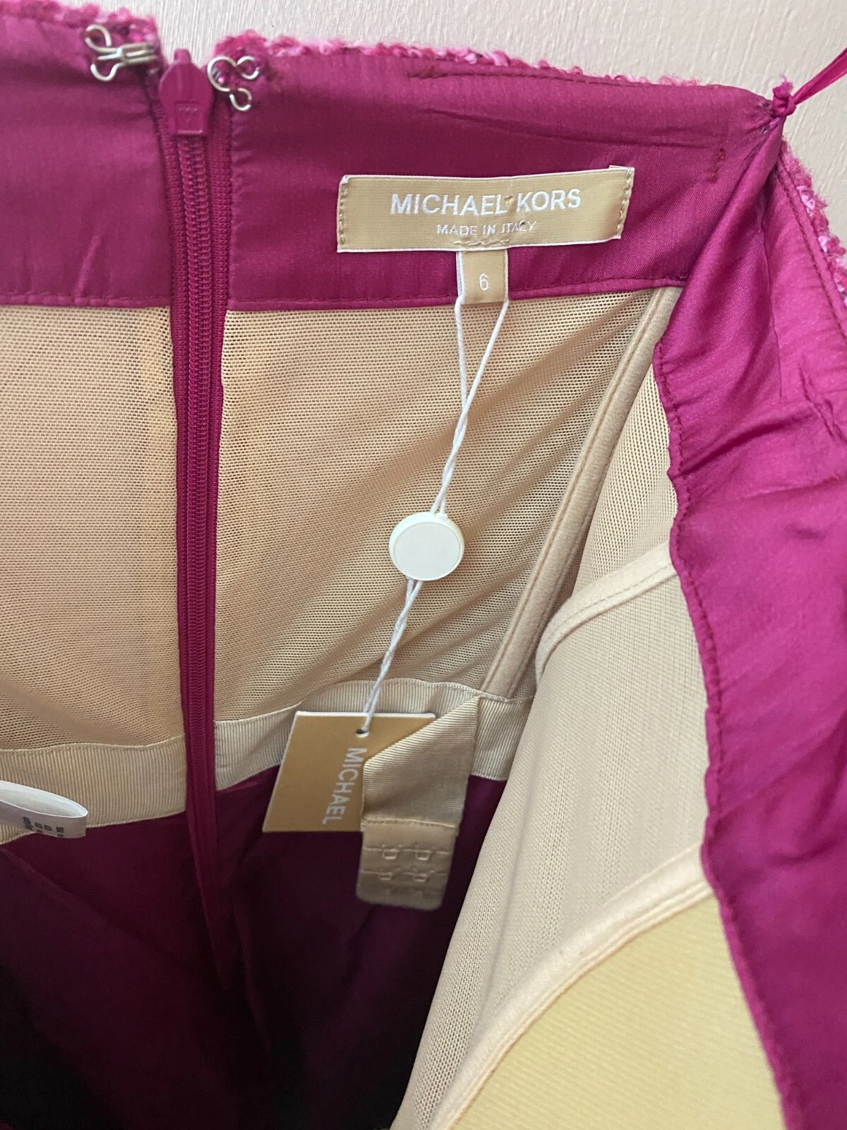 Abito donna Michael Kors nuovo con etichetta rosa tweed Barbie senza spalline midi 6