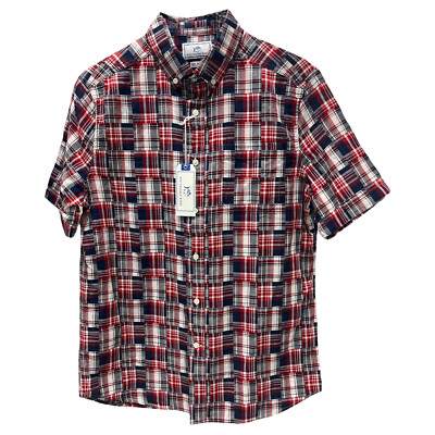 Southern Tide Short Sleeve Red Navy Plaid Shirt 100% Cotton Chest Pocket $95