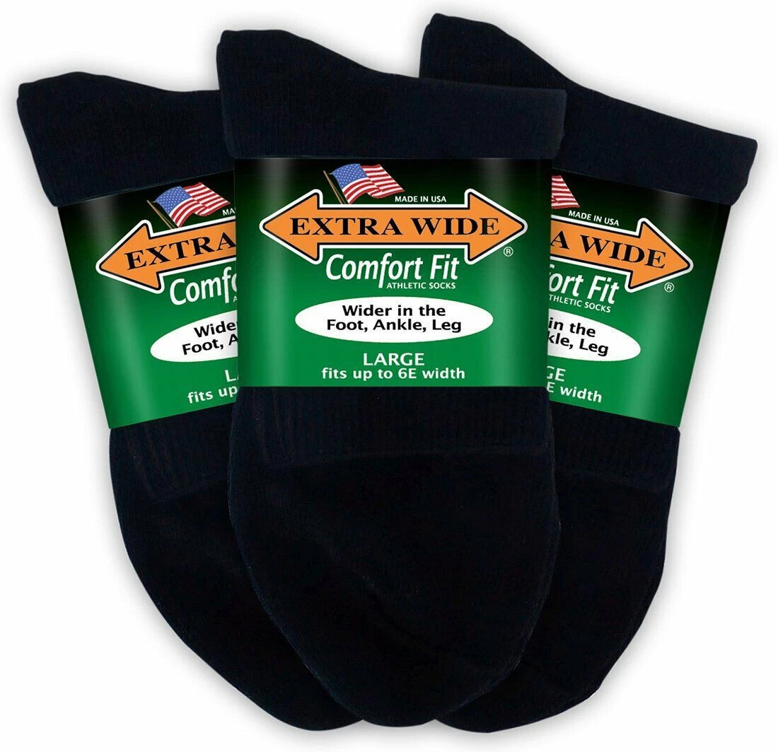 Extra Wide Comfort Ankle Quarter Sock, Size Large 12-16 BLACK 3-Pack