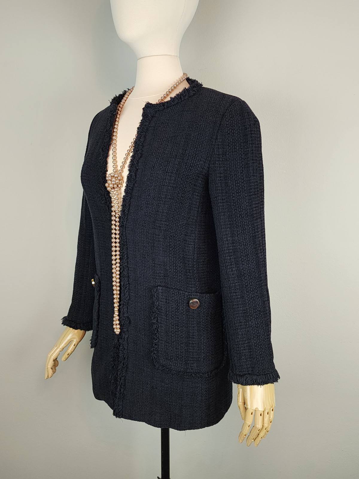 Zara Black Textured Tweed Fringe Jacket Long Sleeve Long Silhouette Ladies XS image 2