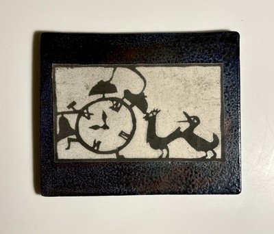 Handmade Raku Fired Art Tile Storybook Rooster Duck Clock, Iridescent Glaze
