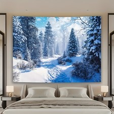 Large 3D Winter Forest Snow Scene Tapestry - Realistic Snow-Covered Pine Trees &
