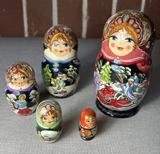 Russian Nesting Dolls Matryoshka 6" Winter Scene Gold Paint 5 Wooden Floral
