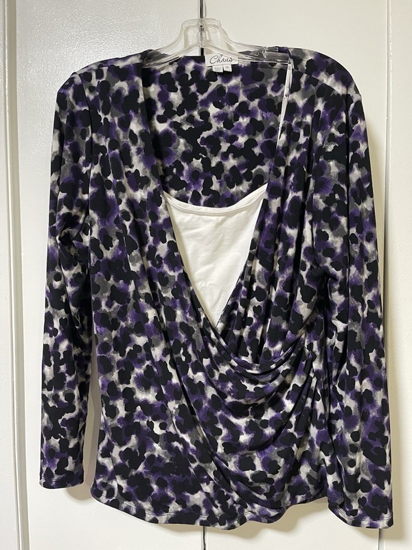 Vintage Y2K Chaus Women’s 1X Purple/Black Animal Print Wrap V-Neck Blouse LS