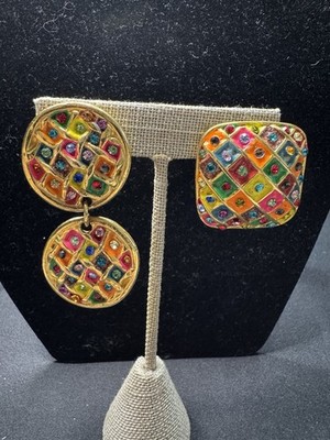 Vintage Multi-color Rainbow Fun Clip On Earrings Signed Elee Made In Mexico