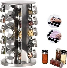 20-Jar Stainless Steel Rotating Spice Rack with Non-Slip Base-Kitchen Countertop