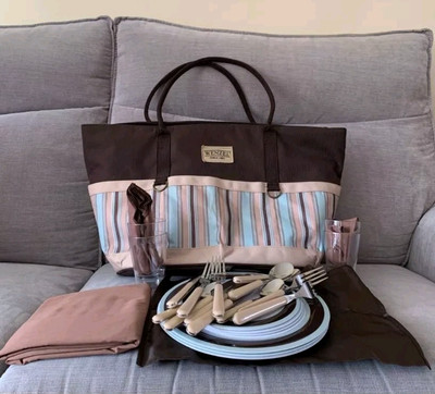 Wenzel Picnic Tote Bag Kit Insulated Brown & Blue Heavy Duty