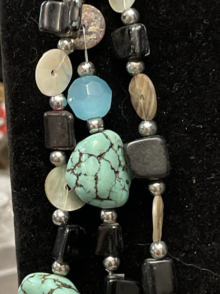 "Collar Boho Multi Hilos Howlite Shell Cuentas Piedra Negra Vidrio Aqua 18-22""" Foto 4 de 4