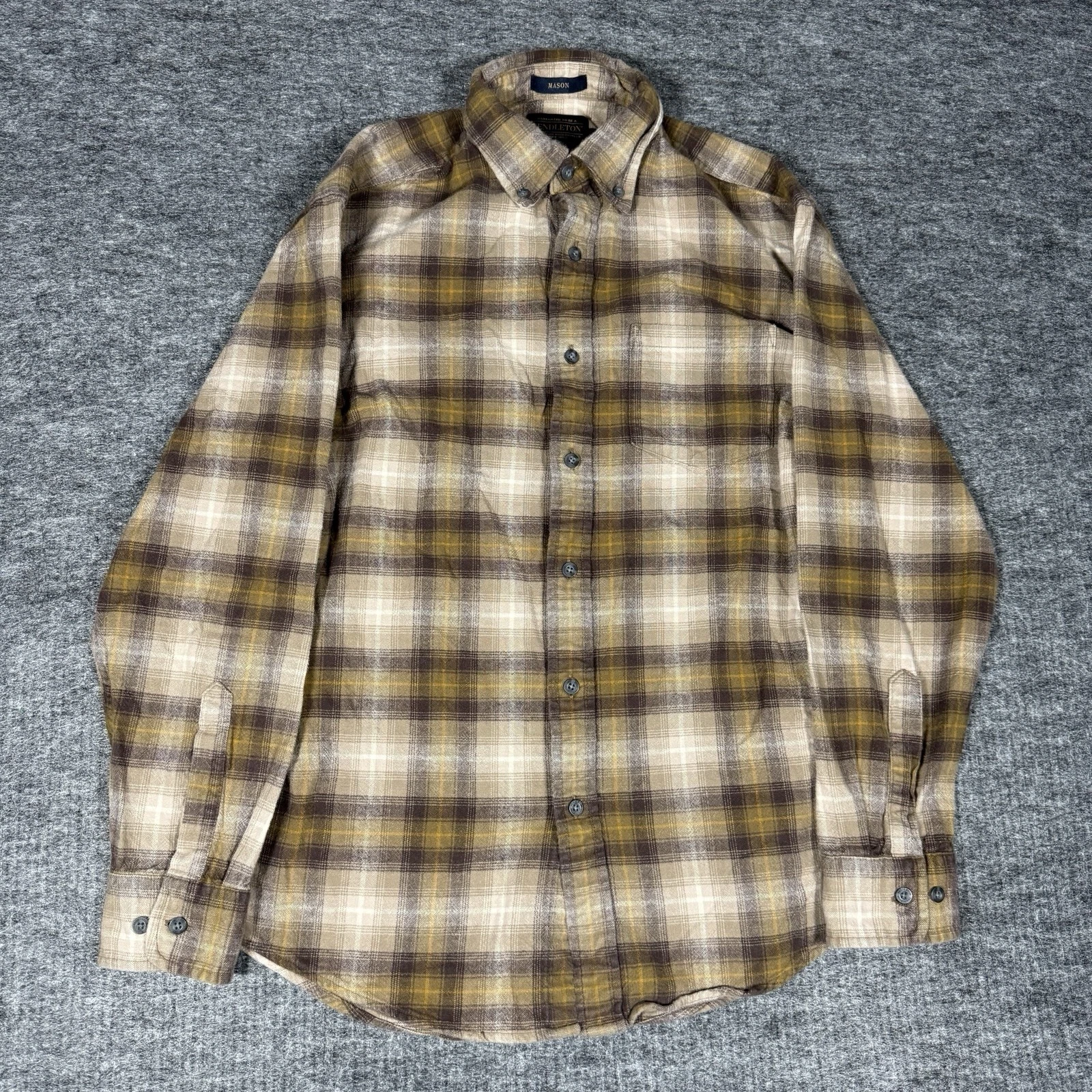 Pendleton Mason Plaid Flannel Shirt Mens Medium Brown Tan Button Down Cotton