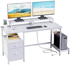 White Computer Desk with Drawer and Power Outlets, 47" Office Desk with 2 Mon...