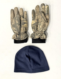 GATES Men’s Insulated Camo Gloves & Fleece Navy Beanie Hat Size Medium Hunting