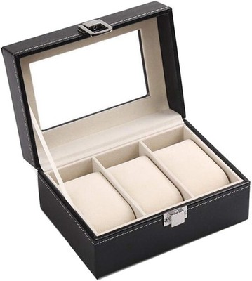 Watch Box 3 Compartments PU Leather Velvet Glass Lid Jewelry Storage Gift