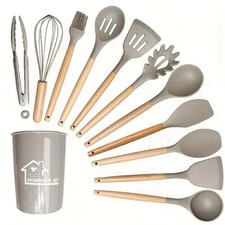 12pcs Non-Stick Silicone Kitchenware Utensil Set with Ergonomic Wooden Handle