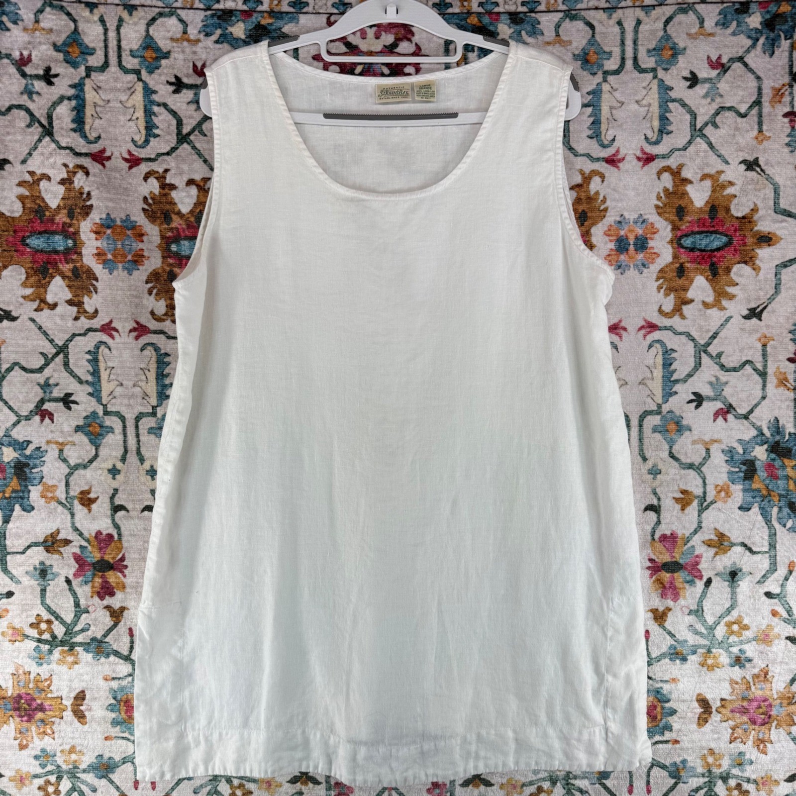 St Johns Bay Womens White 100% Linen Sleeveless Tunic Scoop Neck Tank Top Large