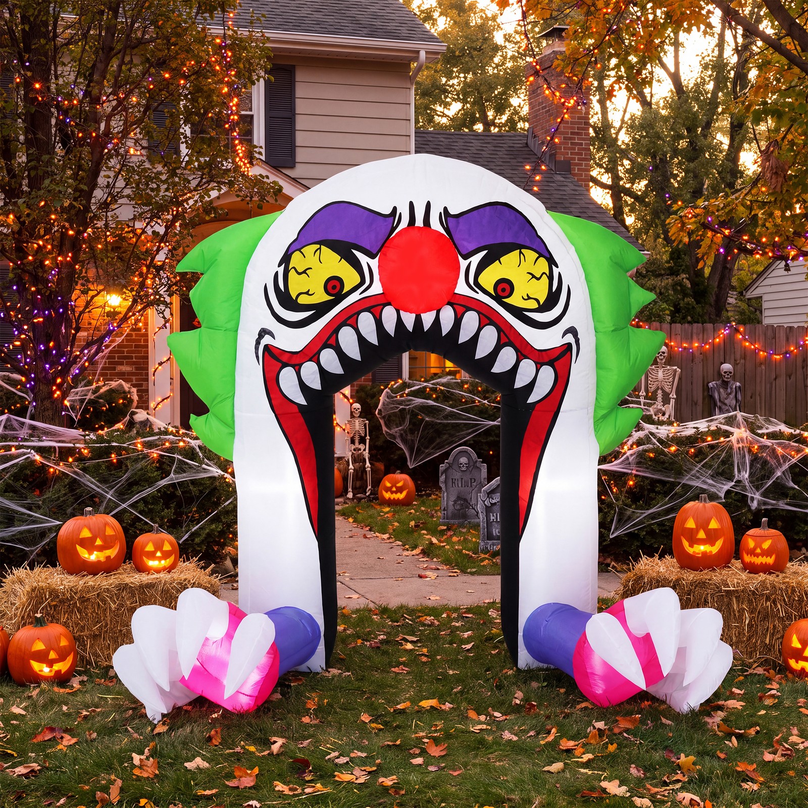 6FT Halloween Inflatable Clown Arch with LED Lights Fangs Blower Yard Lawn Decor