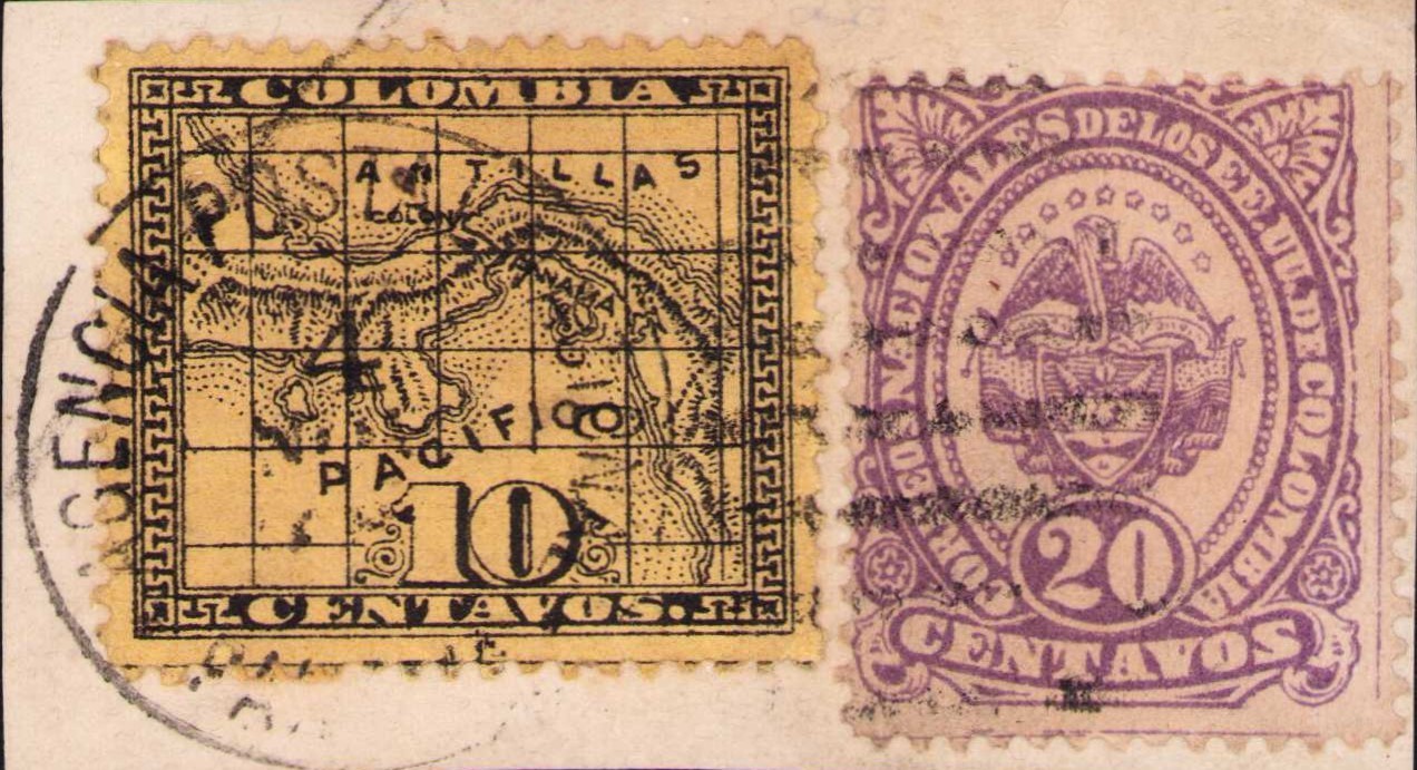 COLOMBIA - PANAMA - 10c & 20c ON PIECE - PANAMA CANCEL - 1887 RRR