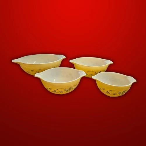 PYREX 4 Shenandoah Mixing Bowls XL 10" L 8.5" M 7" S 6" With green Flower (#762)