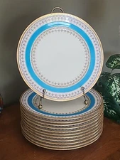 12 Antique Brown Westhead & Moore Turquoise enamel & Gold raised Luncheon Plates