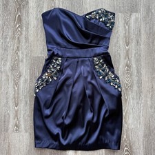 💎Stunning Y2K Vintage Strapless Mini Bejewelled Navy Satin Prom Dress