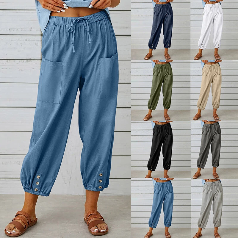 Plus Size Ladies Cotton Linen Casual Long Pants Womens Wide Leg Loose  Trousers *