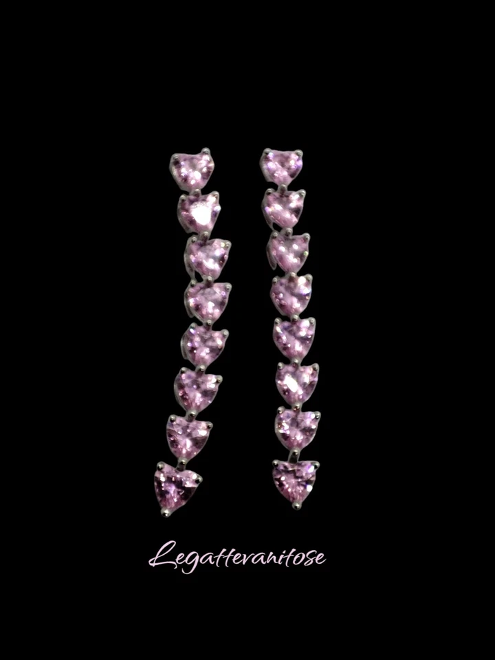 Orecchini Donna pendenti argento 925 effetto oro bianco . orecchini cuori rosa - Immagine 2 di 4