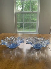 Vintage Glass Serving Bowls Ruffle Edge Light Blue Probably LE Smith Set Of 2