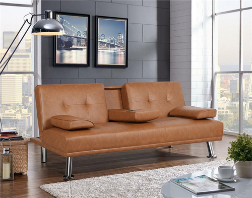 Faux Leather Futon Sofa, Modern Style, Cupholders, Pillows, Metal Frame Couch - Picture 29 of 31