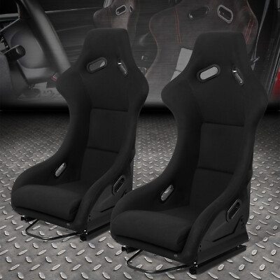 PAIR OF UNIVERSAL BLACK FABRIC FIXED POSITION RACING BUCKET SEAT+SLIDER+BRACKETS