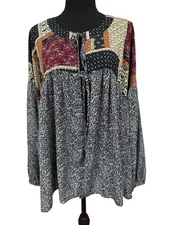 Davi & Dani Woman SZ Med Patchwork Sheer Overblouse Peasant Boho Baloon Sleeves