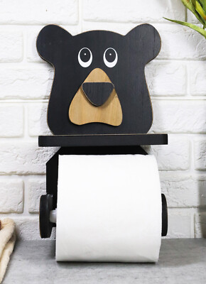 Whimsical Kids Rustic Black Bear Cub Toilet Paper Holder With Cell Phone  Stand