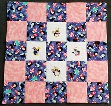WINTER PENGUINS BABY Blanket Quilted Soft Flannel Colorful Penguins Girl Quilt