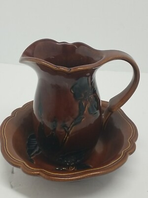 Royal Haeger  Glazed Brown Potter 6'' Pitcher &Bowl Vintage 