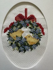 COMPLETED FINISHED CROSS STITCH CARD “EASTER  CHICKS WREATH”