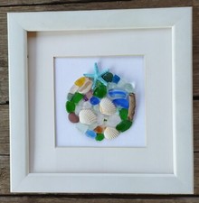 Beach Sea Glass Art framed,Coastal Wreath Picture, Shells,cornish Cornwal