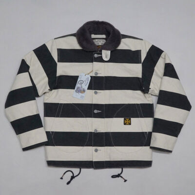 BOB DONG Motorcycle 20oz Canvas Prison Striped Jacket Racer Biker N-1D Hookless
