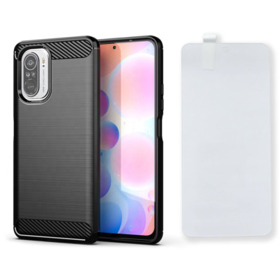 Xiaomi Redmi Note 10 / 10 Pro Schutzhülle + Schutzglas Case Carbon Look schwarz 