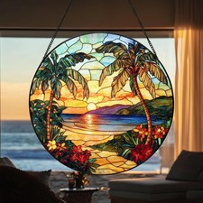 Beach Sunset Stained Glass Suncatcher, Ocean Beach Window Hanging, Summer Beach