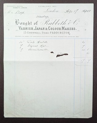 1900 Rabbeth & Co Varnish Japan & Colour Makers Paddington London Invoice