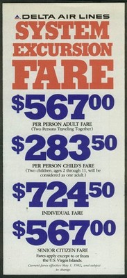 Delta Air Lines System Excursion Fare airline folder 4 1982