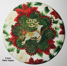 Quilted Xmas Reindeer Embroidery Round Table Topper Reversible       