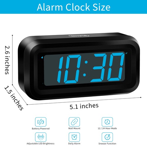 KWANWA Alarm Clock, Digital Clock, Constantly 1.2'' LED Blue Digits Display, Bat - Picture 2 of 7