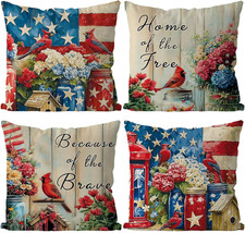4Th of July Pillow Covers 18X18 Inch Set of 4 Cardinal Floral Patriotic Throw Pi